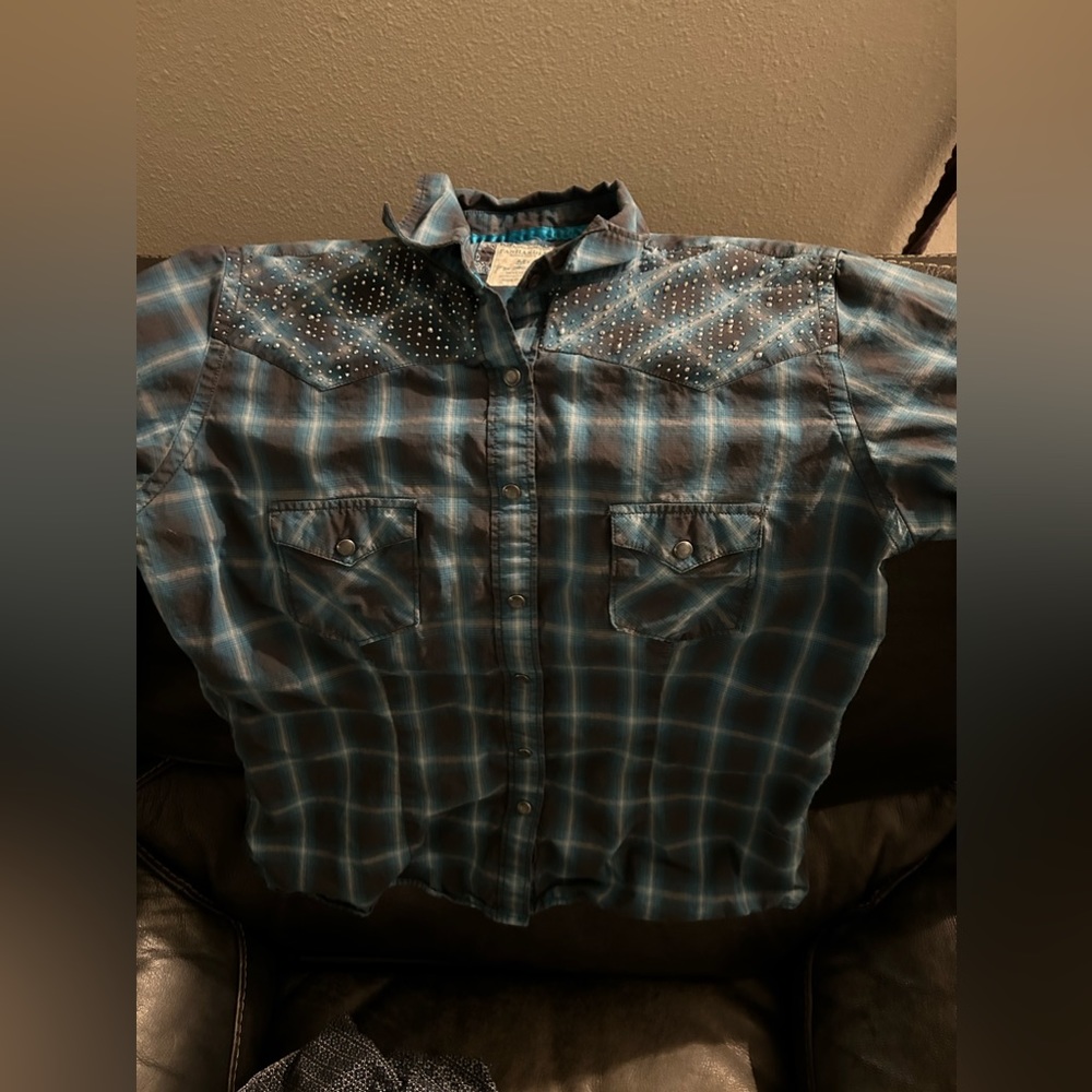 Women’s medium Panhandle button down rodeo shirt navy blue w sparkles